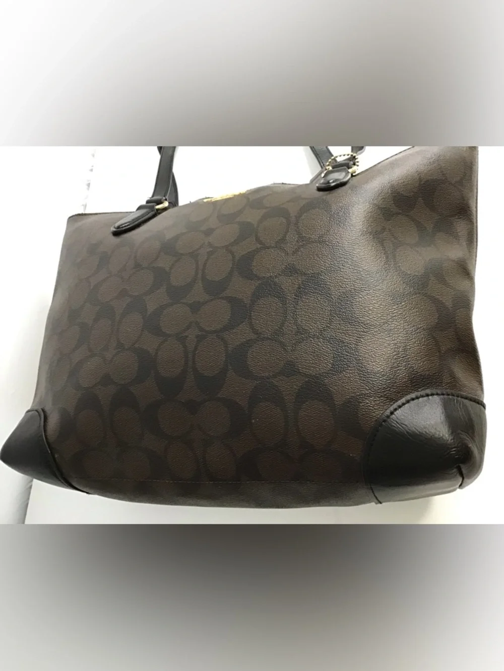 Coach Brown Signature Canvas Shoulder Tote with Black Straps